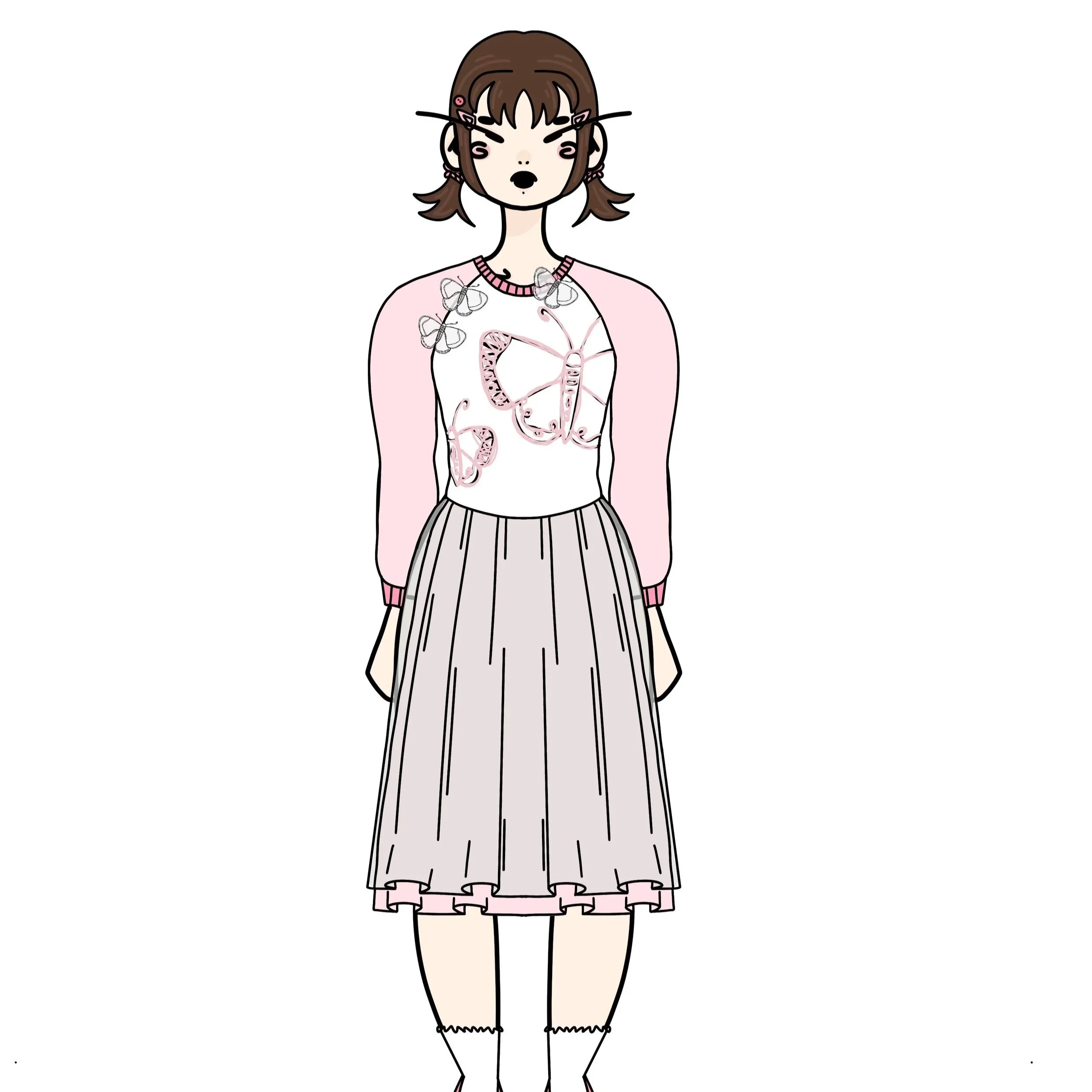 Line drawing of a girl with brown hair in pigtails, wearing a light pink and beige dress with butterfly and floral details, and white socks.