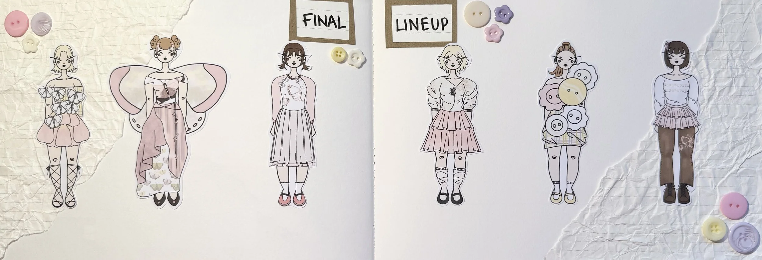 An illustration of seven fashion sketches on a white background with decorative buttons and labels reading "Final" and "Lineup." The sketches depict different female outfits, featuring various styles and colors.