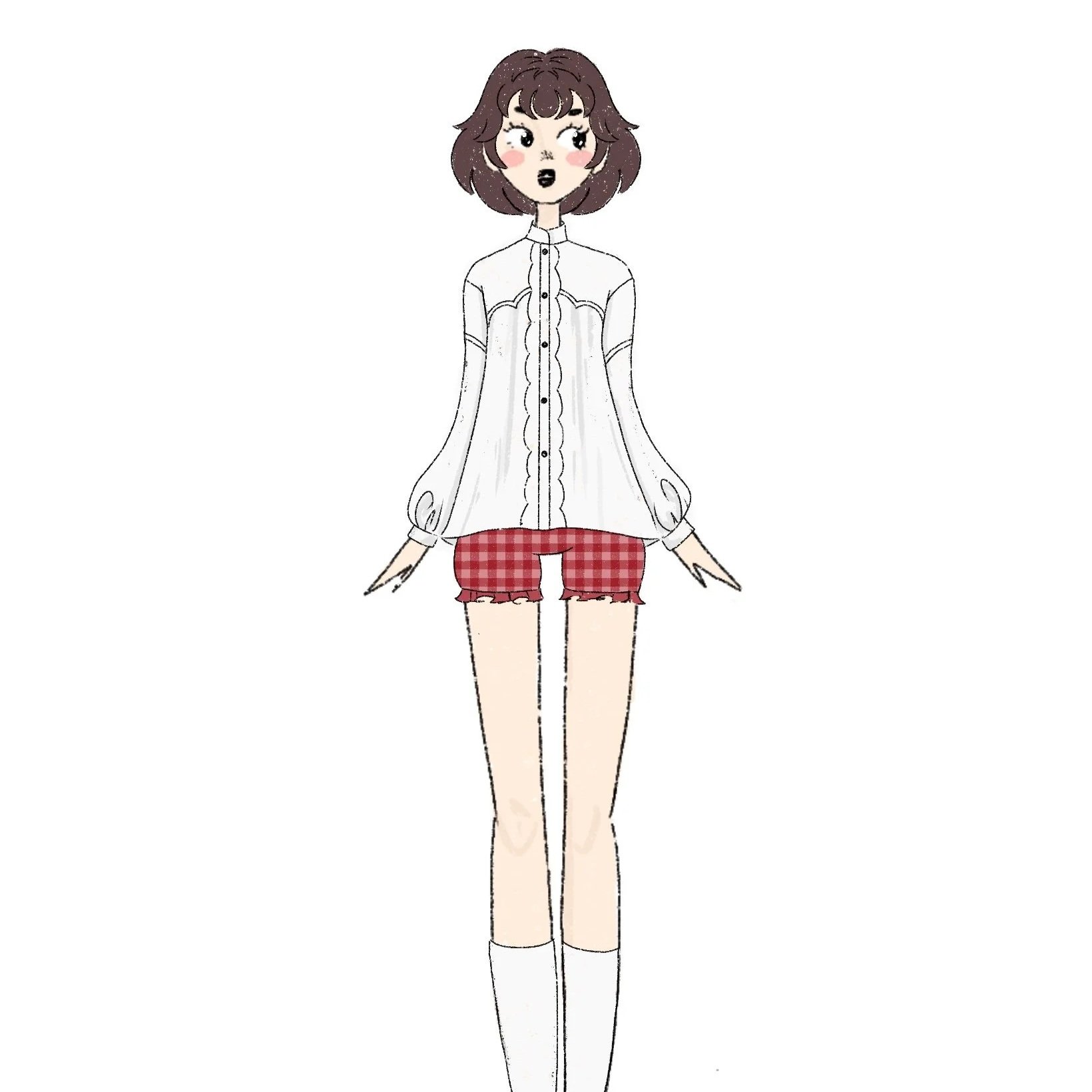 Drawing of a girl with short brown curly hair wearing a white long-sleeve blouse, red checkered shorts, and white knee-high socks.