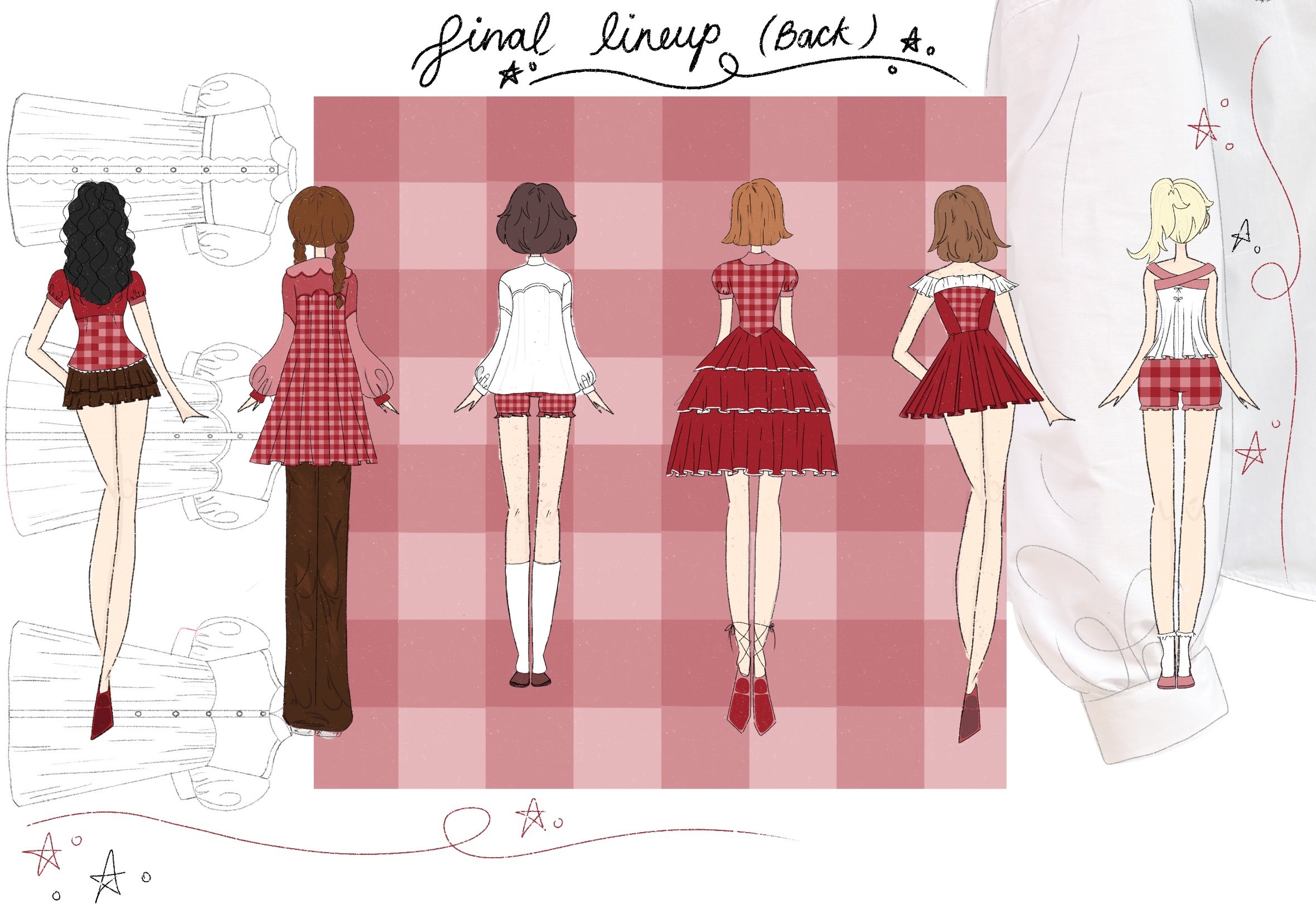 Illustration of six fashion design sketches of girls wearing red-themed outfits, with some designs fully colored and others in outline, on a pink checkered background labeled 'final lineup (back)'.