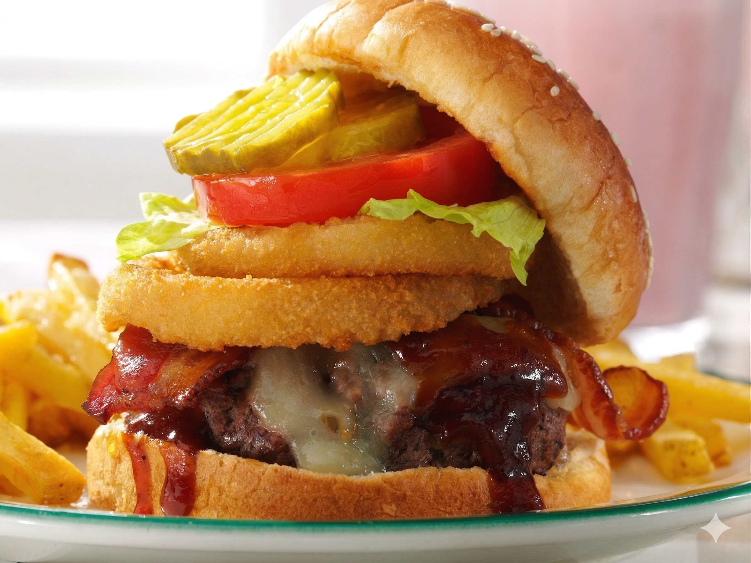 Close-up of a bacon cheeseburger with onion rings, pickles, tomato, lettuce, topped with a sesame seed bun, served with French fries in the background.
