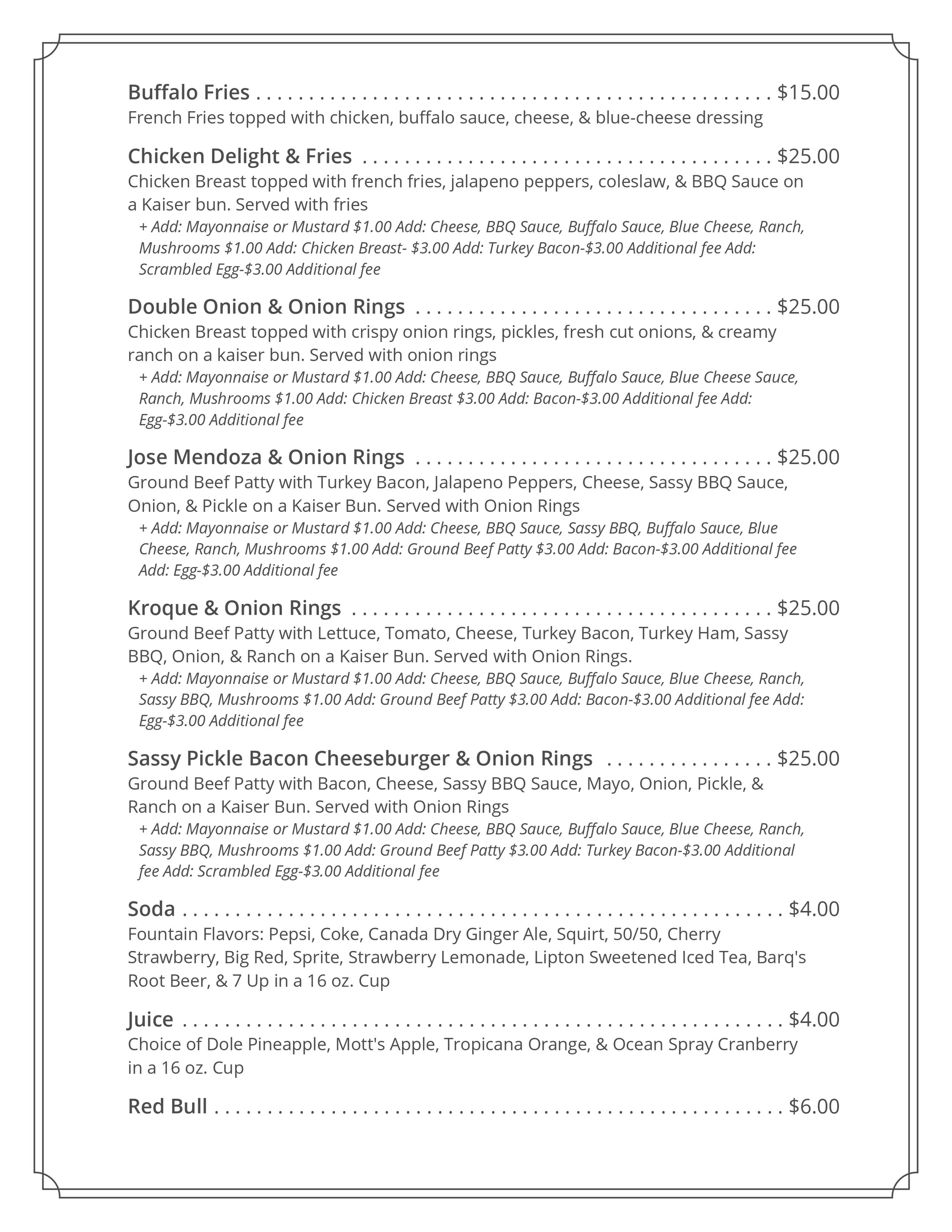 Restaurant menu listing various fried, burger, and drink options including Buffalo Fries, Chicken Delight & Fries, Onion Rings, Cheeseburgers, and beverages like soda, juice, and Red Bull.