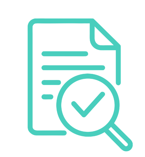 Icon of a document with lines of text, a magnifying glass over a checkmark, indicating document verification or review.
