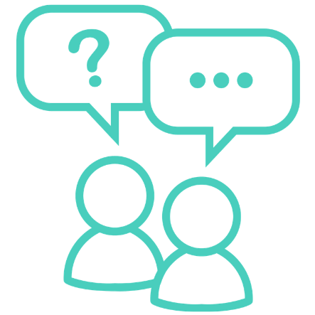 Two simplified human figures having a conversation, with speech bubbles above their heads. One speech bubble contains a question mark, and the other is blank.