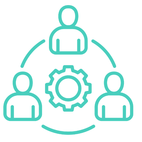 Icon of three people connected by lines with a gear in the center, representing teamwork or collaboration.