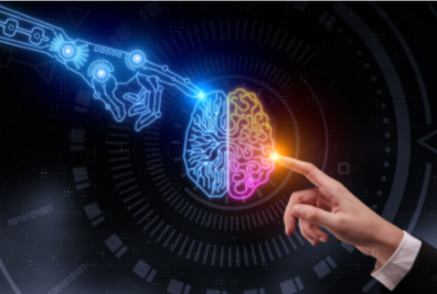 Emotional Intelligence, a human and robot hand touching a brain