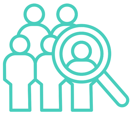 Icon of five people with a magnifying glass highlighting one person, representing recruitment or target audience analysis.