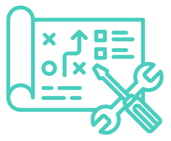 Blueprint with a gear, wrench, and screwdriver symbols.