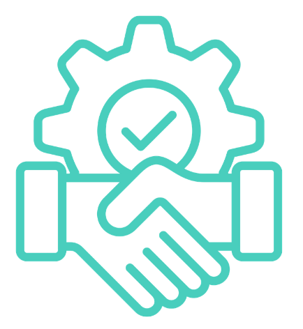 Outline of a gear, handshake, and checkmark, representing teamwork and quality assurance.