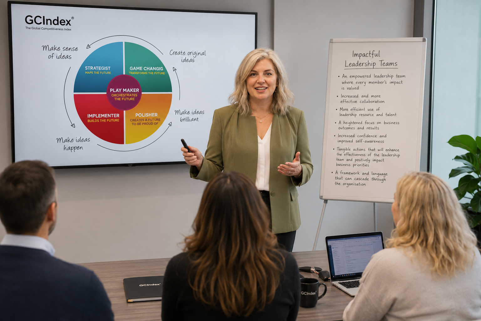 a woman in a green jacket facilitating a training workshop on Impactful Leadership Teams using the GC Index
