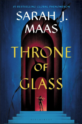 Book cover of 'Throne of Glass' by Sarah J. Maas featuring a dark, gothic archway with silhouette of a woman holding a bow.