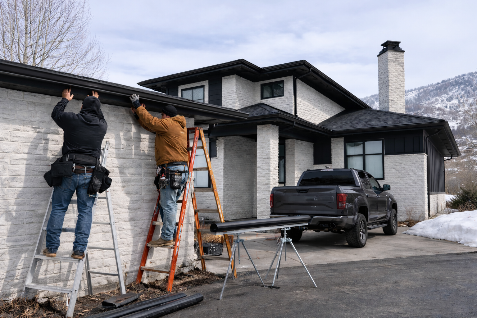 Two workers installing or repairing a roof on a modern house with light-colored brick walls, black trim, and a black roof, with a mountain and cloudy sky in the background.