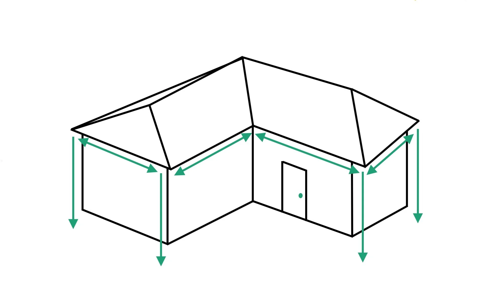 A black and white diagram of a two-story house with a gabled roof, showing the dimensions of the house's width, length, and height with green arrows.