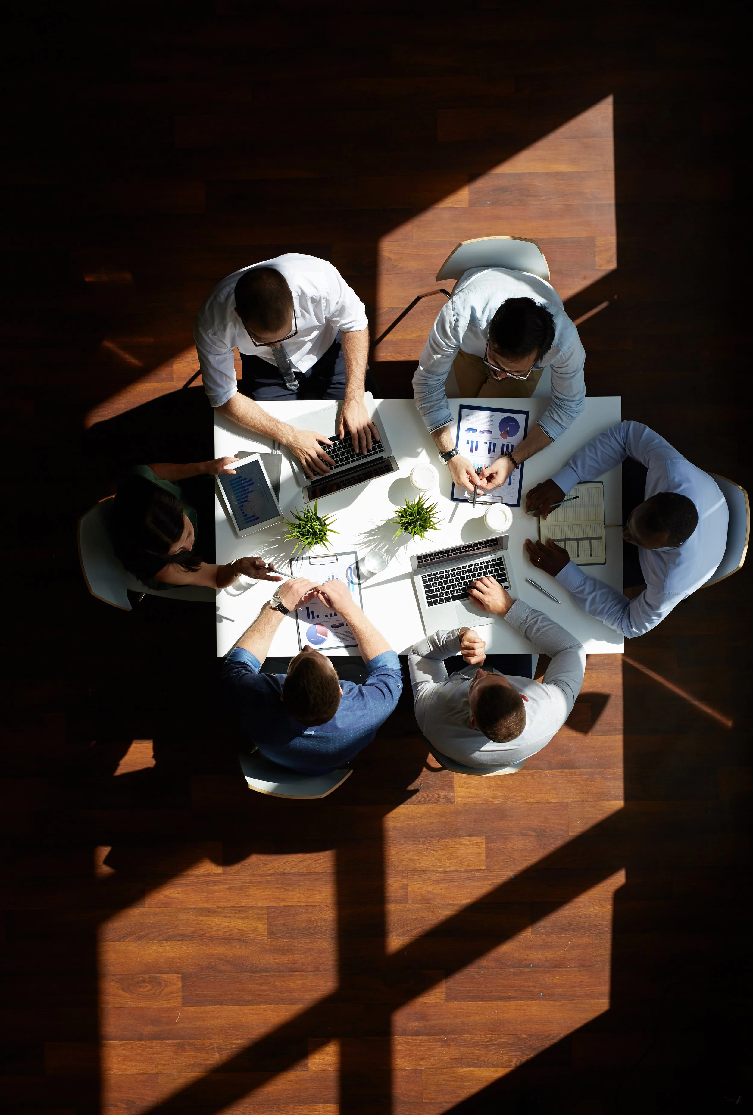 A top view of six people working together at a table with laptops, tablets, notebooks, and potted plants in a brightly lit room.