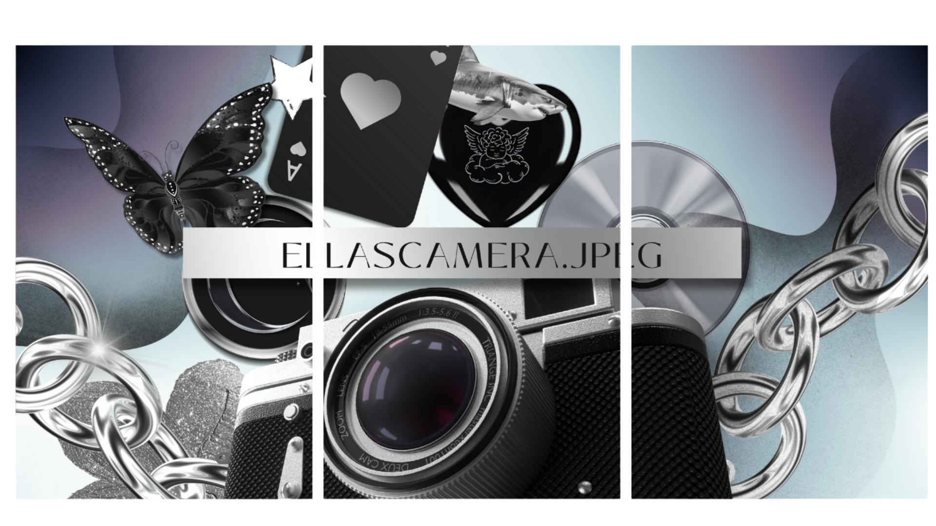 Collage of camera, jewelry chain, butterfly, heart-shaped box, and decorative objects with the text 'ELLASCamera.JPG' across the center.