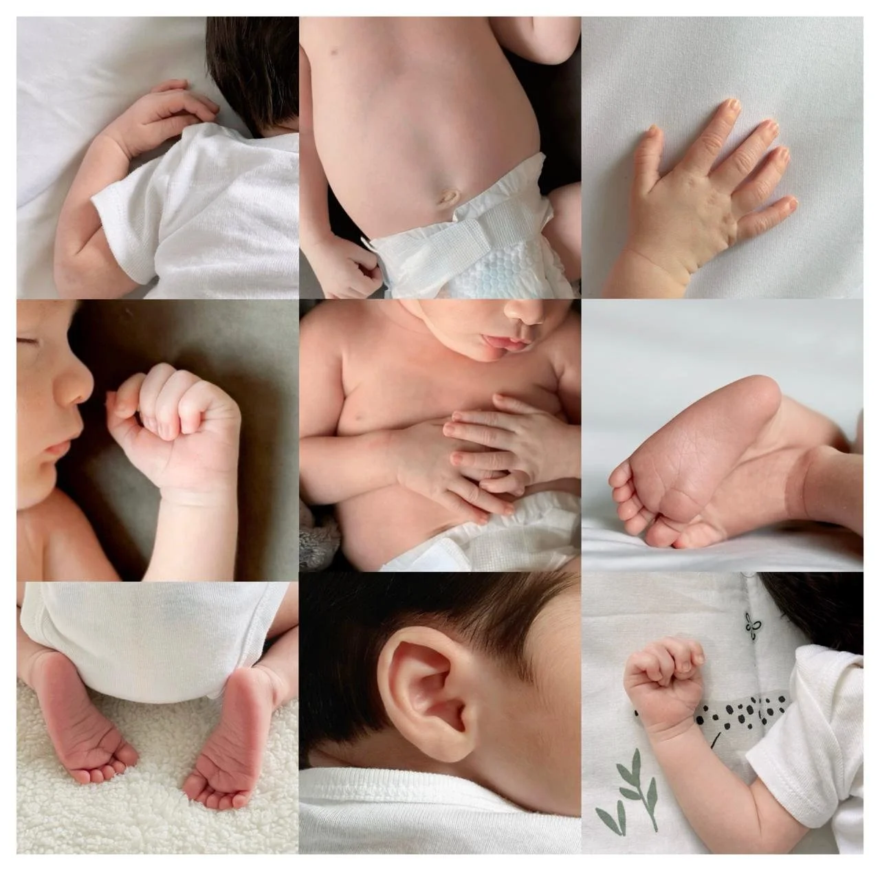 Collage of nine close-up photos of babies' body parts including hands, feet, ear, and torso, all in neutral tones.