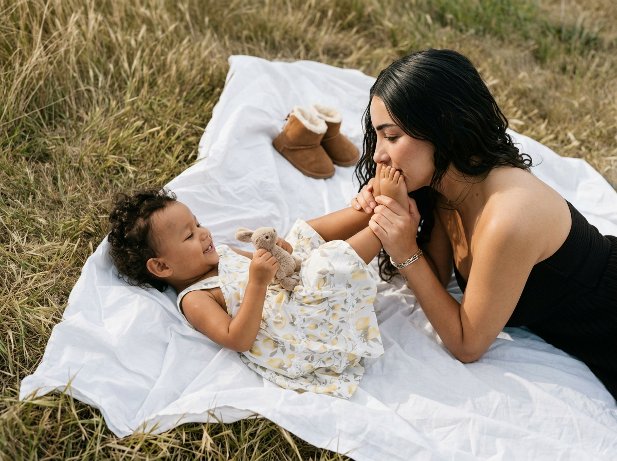 A woman and a young girl lying on a white blanket in the grass, with the woman kissing the girl's foot. The girl is holding a teddy bear and smiling.