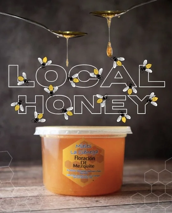 A jar of local honey with honey dripping from two honey dips above, surrounded by illustrations of bees and the bold text 'LOCAL HONEY'.