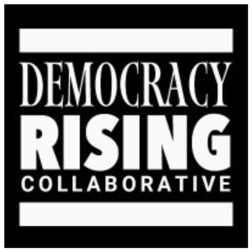Black and white logo with the words "Democracy Rising Collaborative."