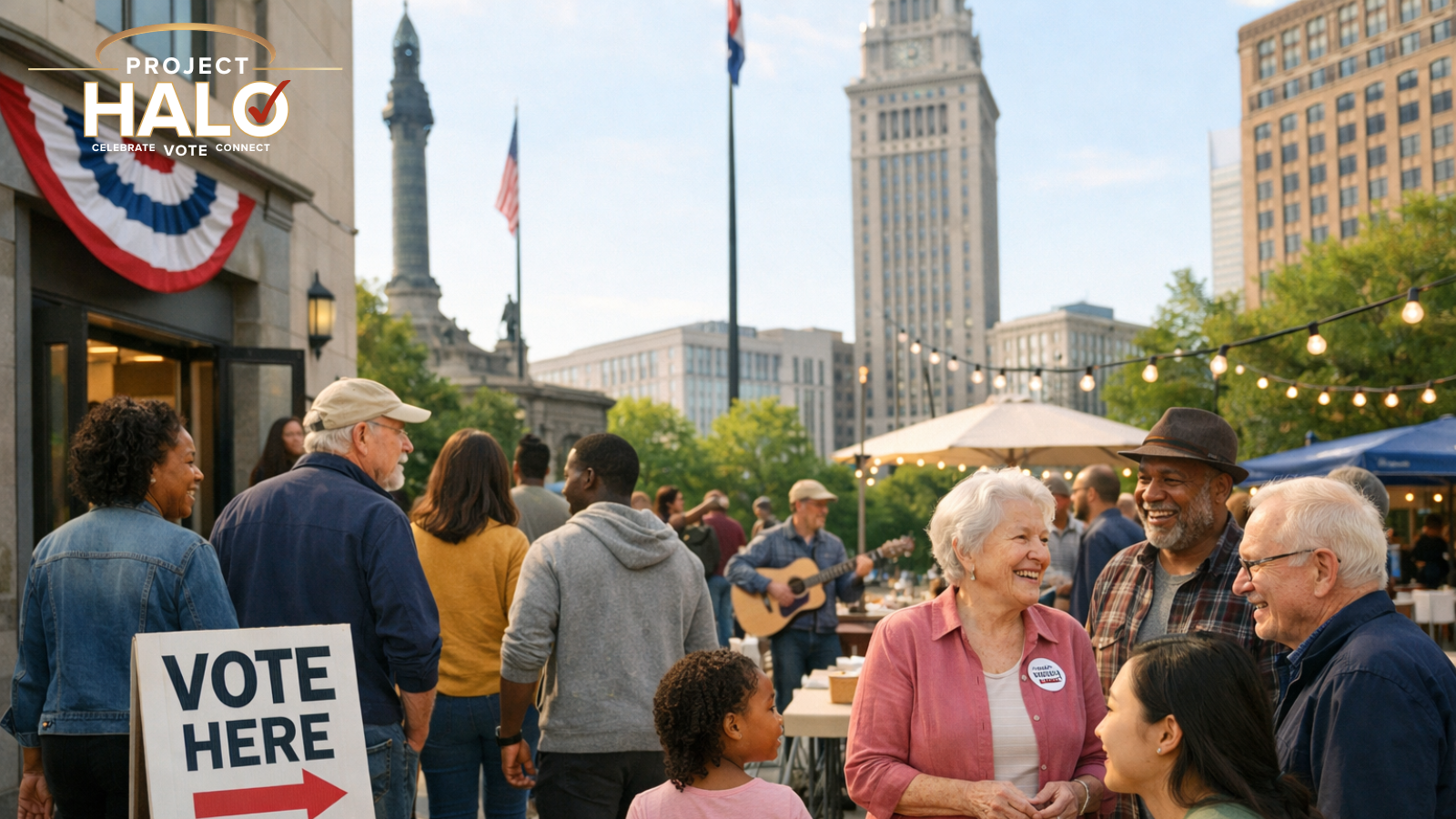 People gathered at an outdoor voting event with a 'Vote Here' sign, American flags, and a cityscape in the background, during what appears to be a celebration of voting.