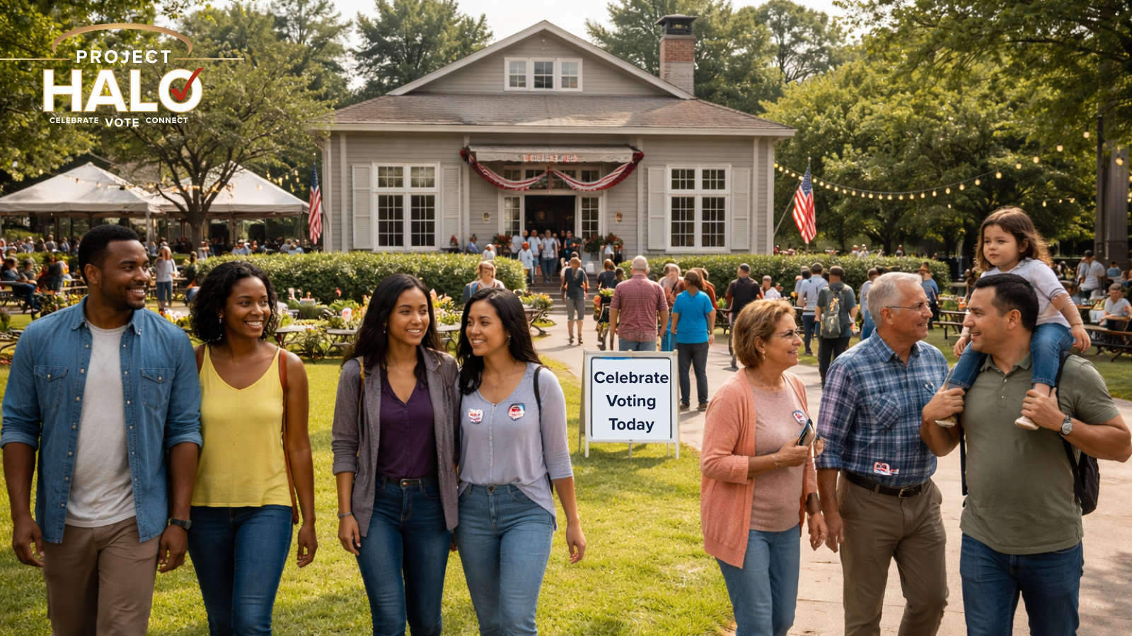 People outdoors attending a voting celebration event with a house decorated with red, white, and blue bunting in the background. A sign reads "Celebrate Voting Today."