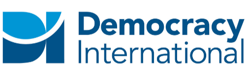 The logo of Democracy International, featuring a stylized blue icon and the organization’s name in blue text.
