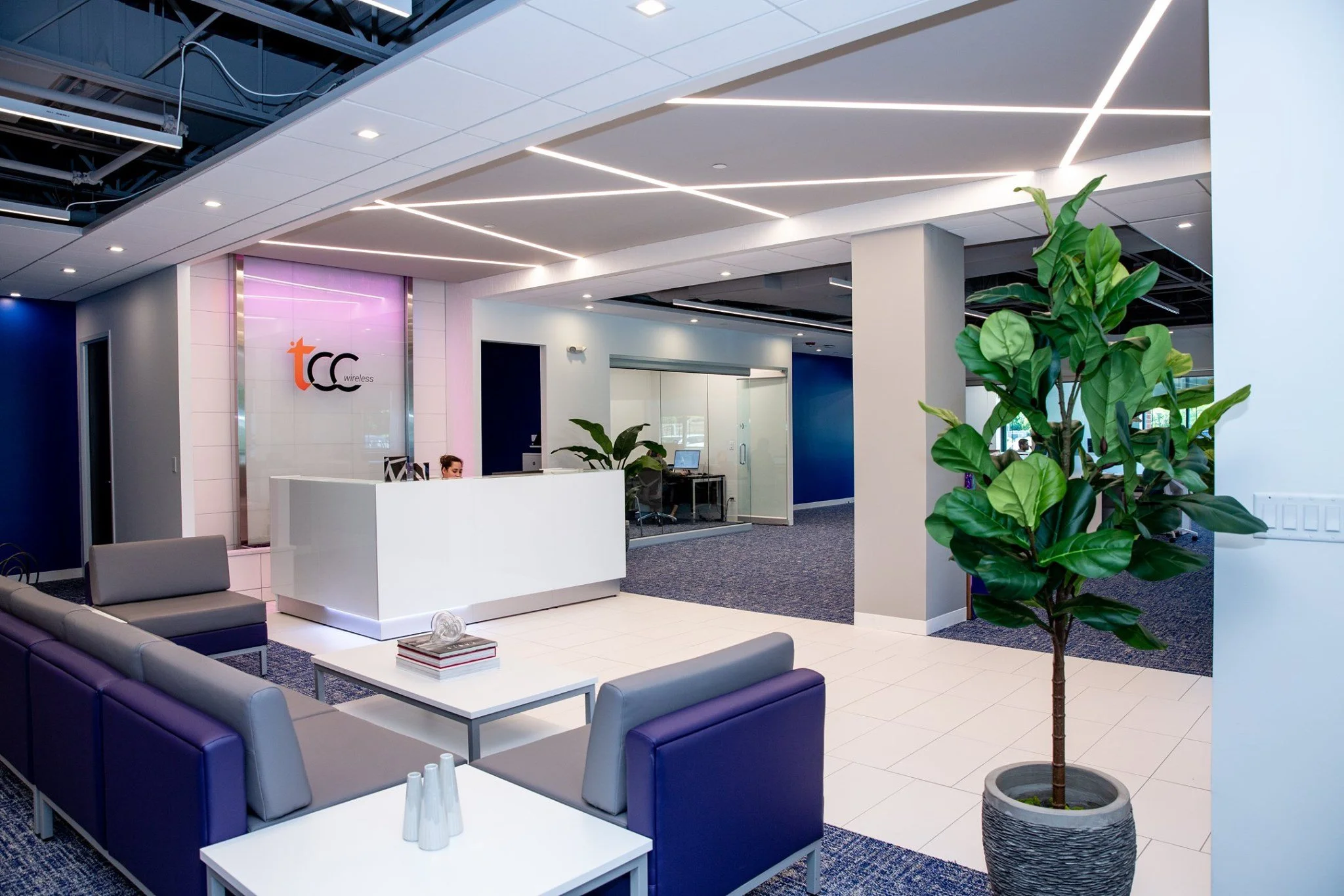 Commercial porcelain tile and carpet tile flooring installation at TCC Wireless retail store in Bloomingdale IL