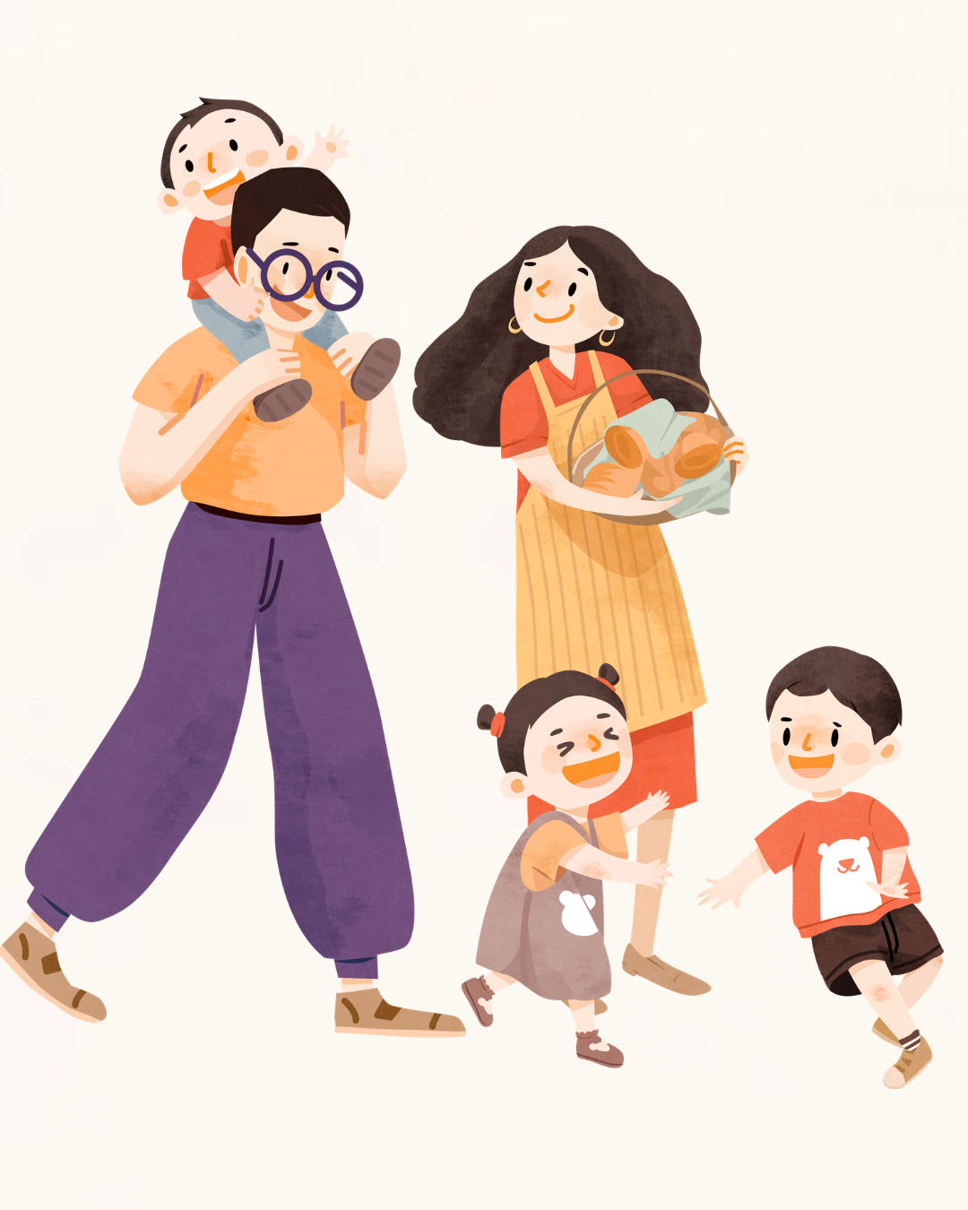 Illustration of a happy family enjoying time together, with a father carrying a child on his shoulders, a mother holding a basket of bread, and two children playing and laughing.