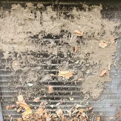 Dirty air conditioning or radiator fins covered with dust, dirt, and fallen leaves.