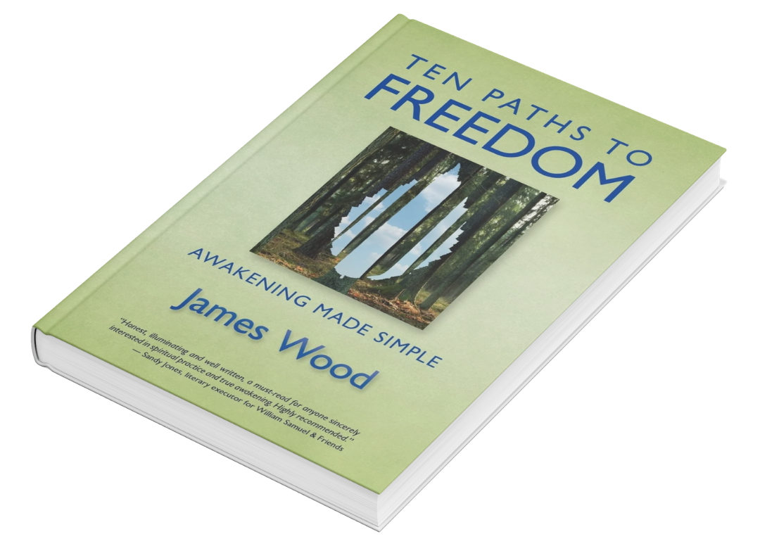 A paperback book titled 'Ten Paths to Freedom: Awakening Made Simple' by James Wood, with a cover featuring an image of a forest and a pathway through trees.