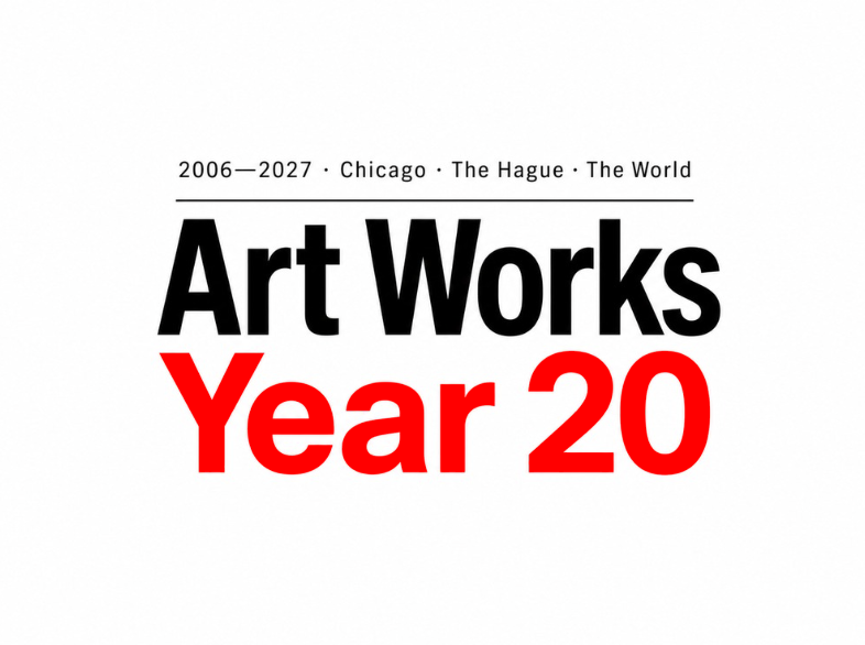 Cover page of Art Works Year 20 catalog, featuring city names Chicago, The Hague, and The World with the years 2006-2027, and the title in large black and red text.