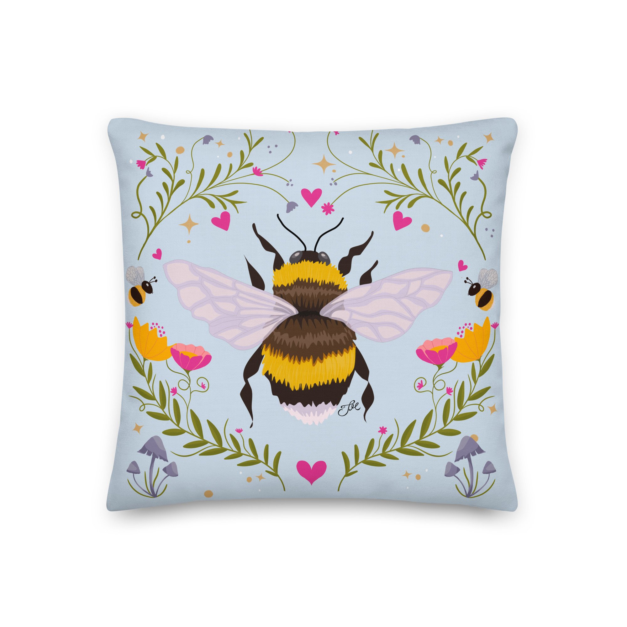Whimsical Bumblebee Folk Art Cottagecore Throw Pillow in Pastel Blue