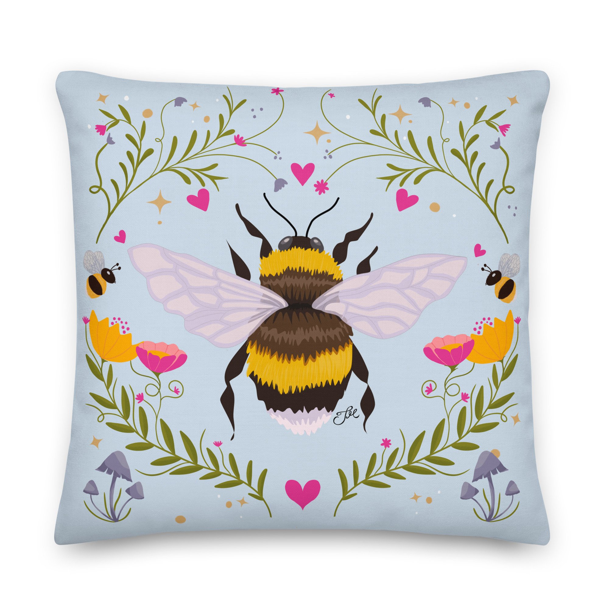 Whimsical Bumblebee Folk Art Cottagecore Throw Pillow in Pastel Blue