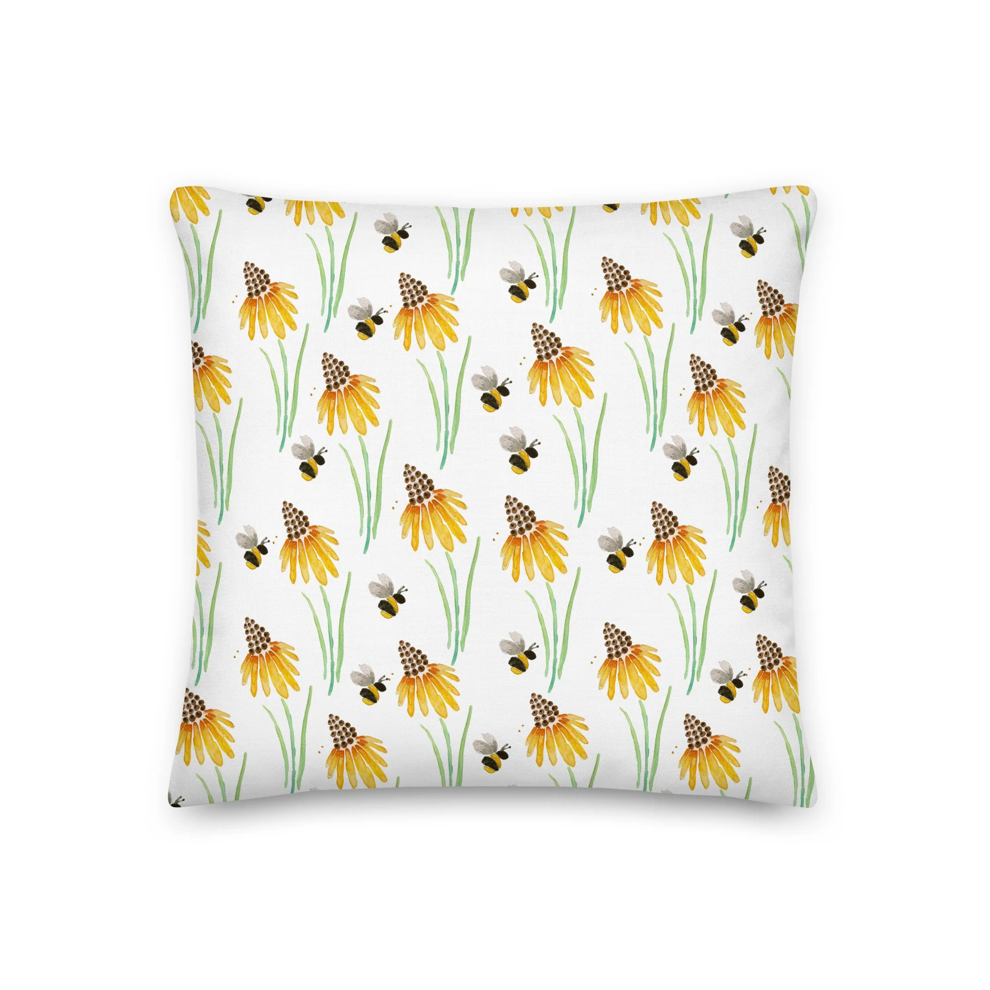 Bumblebee & Yellow Wildflowers Throw Pillow | Cottagecore Botanical Folk Art