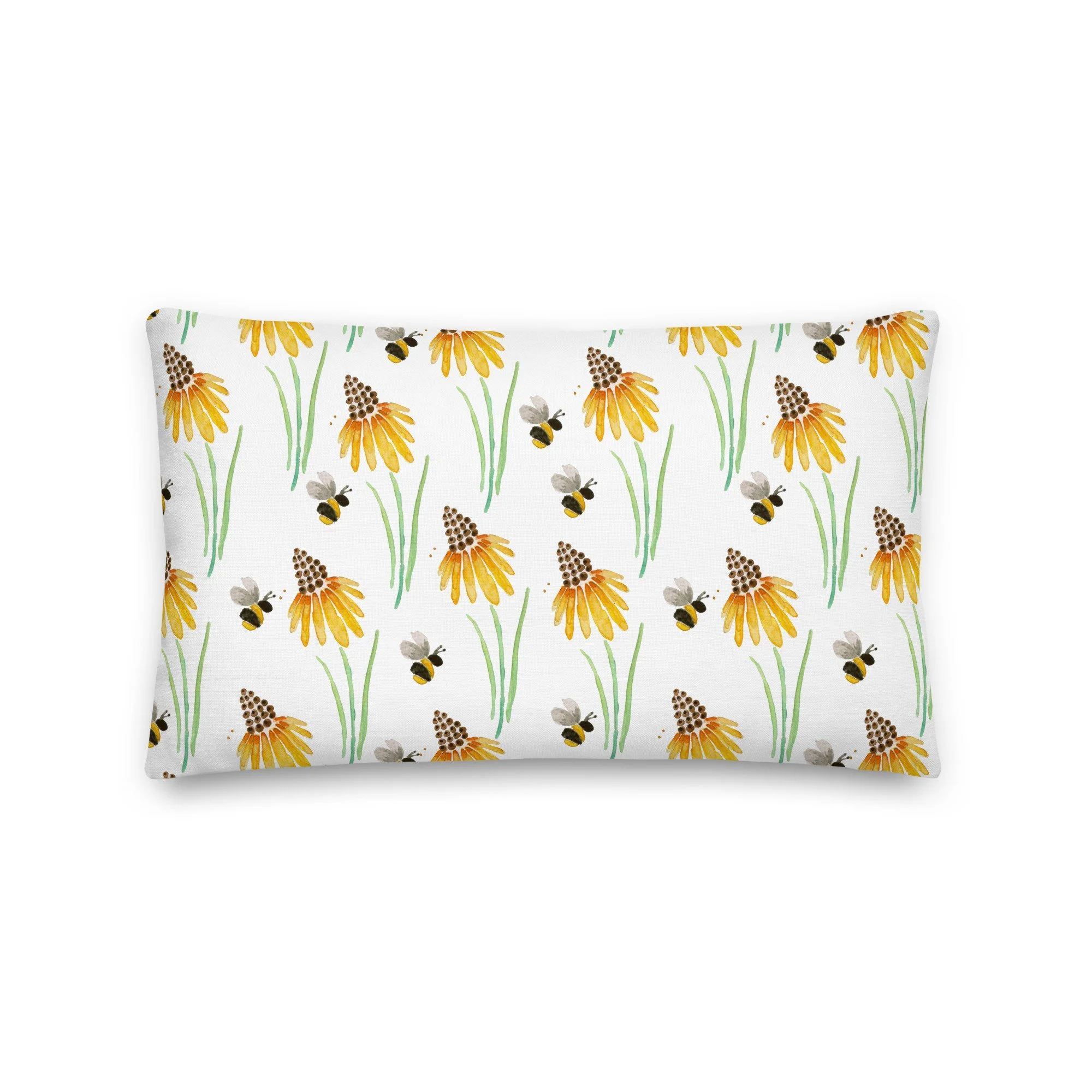 Bumblebee & Yellow Wildflowers Throw Pillow | Cottagecore Botanical Folk Art