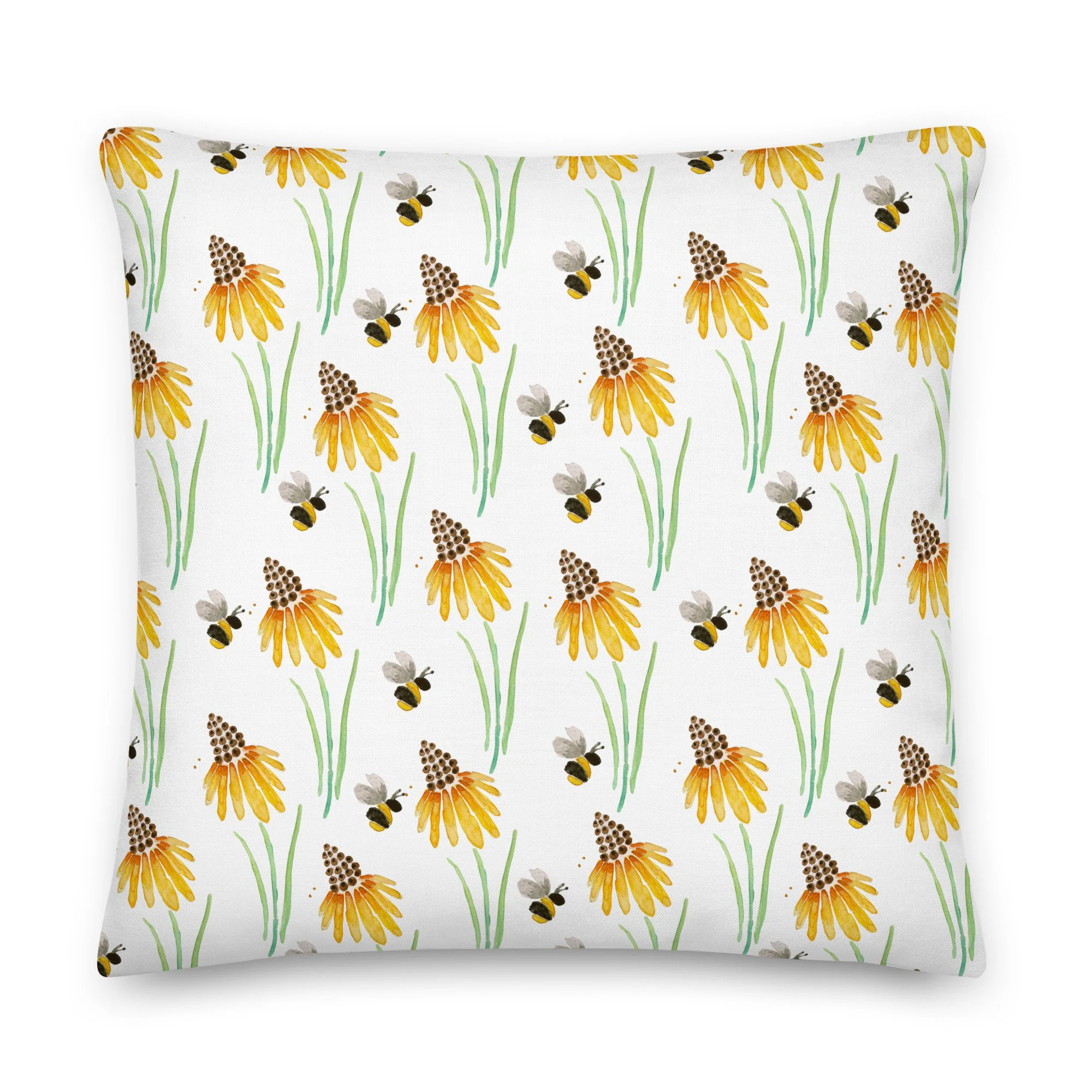 Bumblebee & Yellow Wildflowers Throw Pillow | Cottagecore Botanical Folk Art