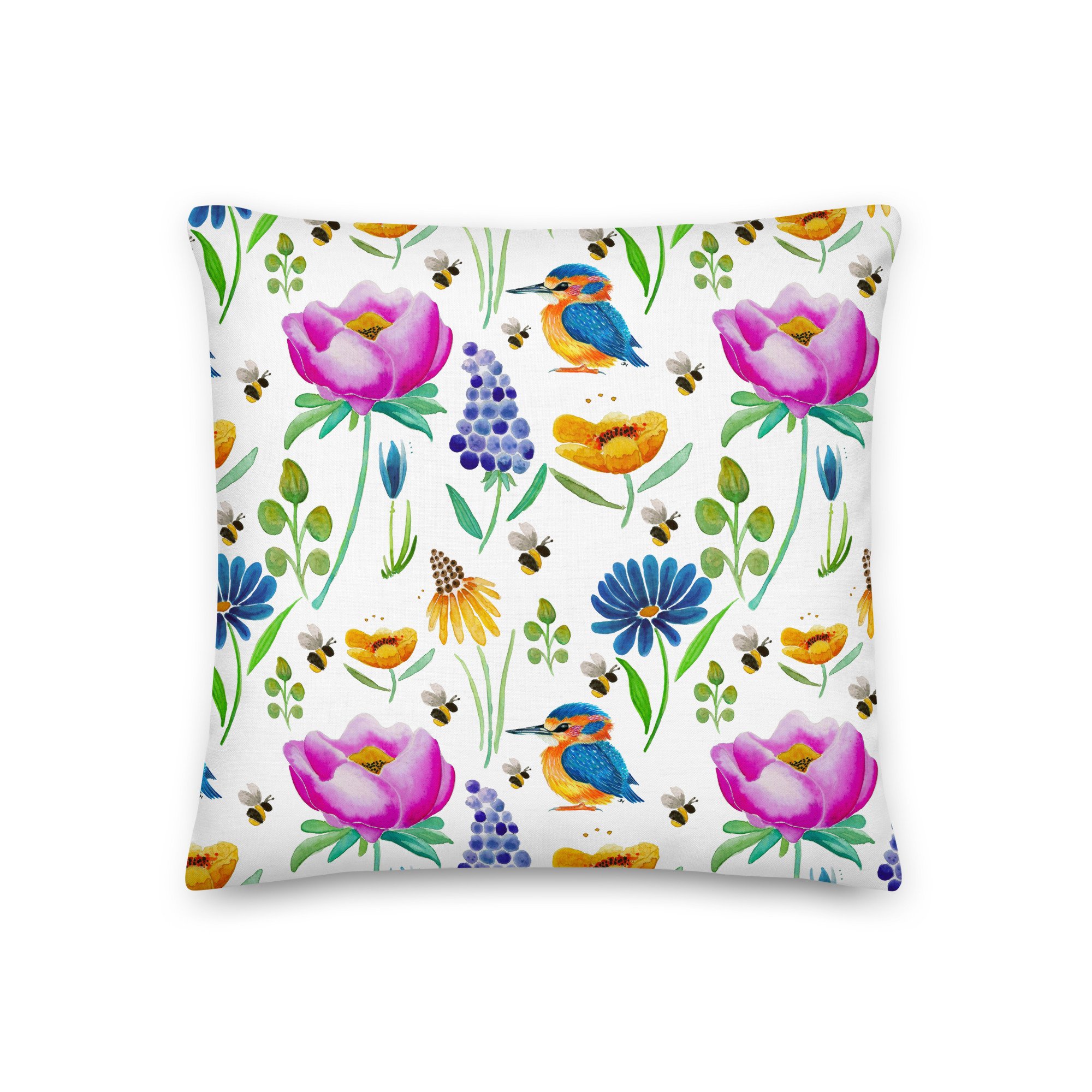 Kingfishers & Wildflowers Throw Pillow