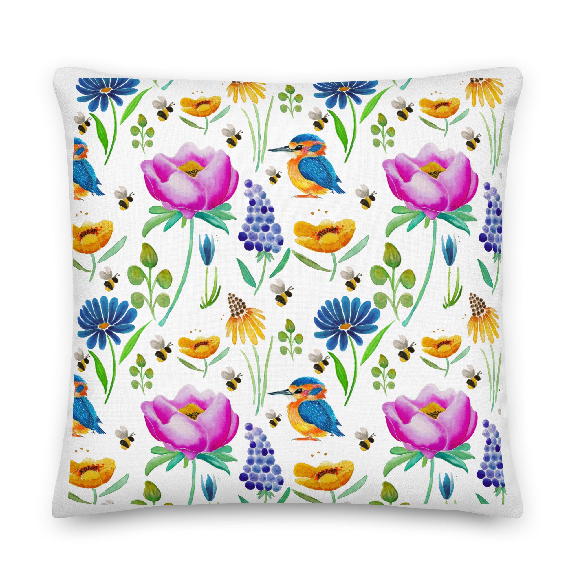 Kingfishers & Wildflowers Throw Pillow