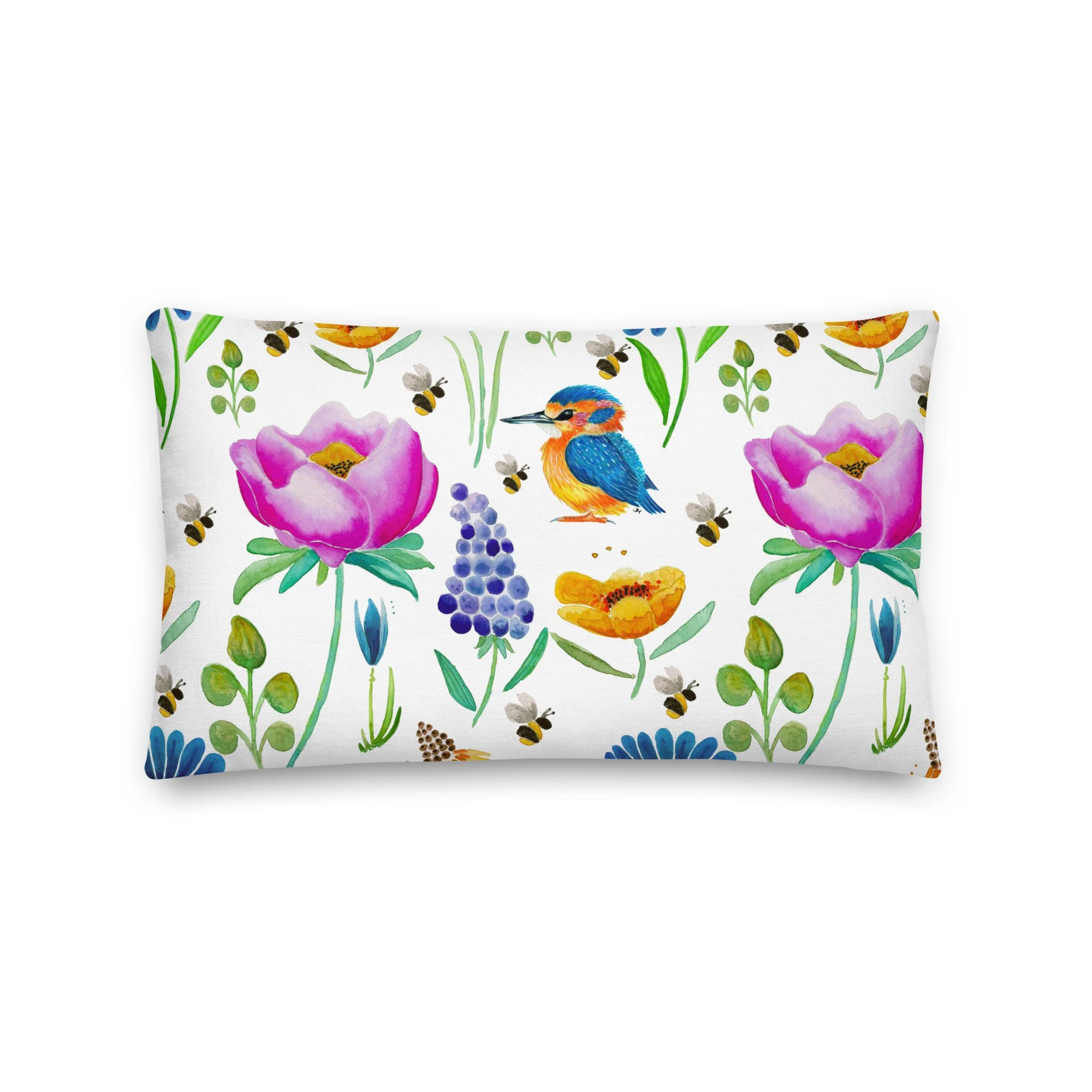 Kingfishers & Wildflowers Throw Pillow