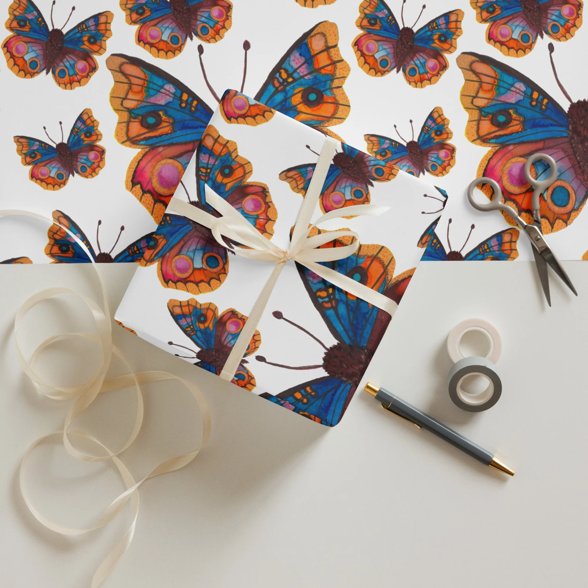 Whimsical Blue Buckeye Butterflies Watercolor Wrapping Paper Sheets