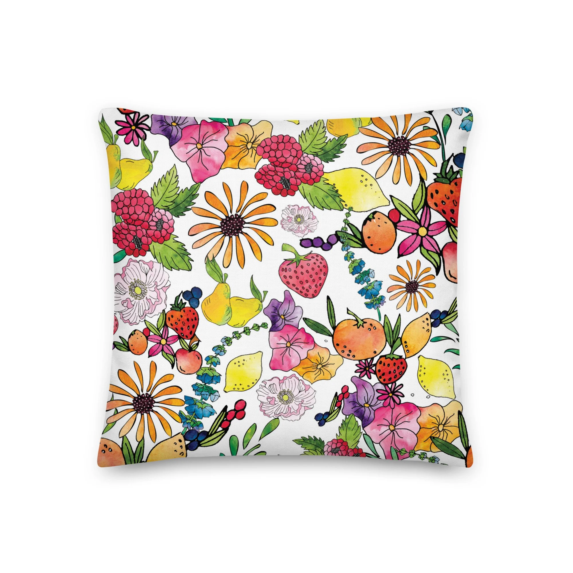 Watercolor Fruit & Floral Vibrant Botanical Summer Garden Throw Pillow