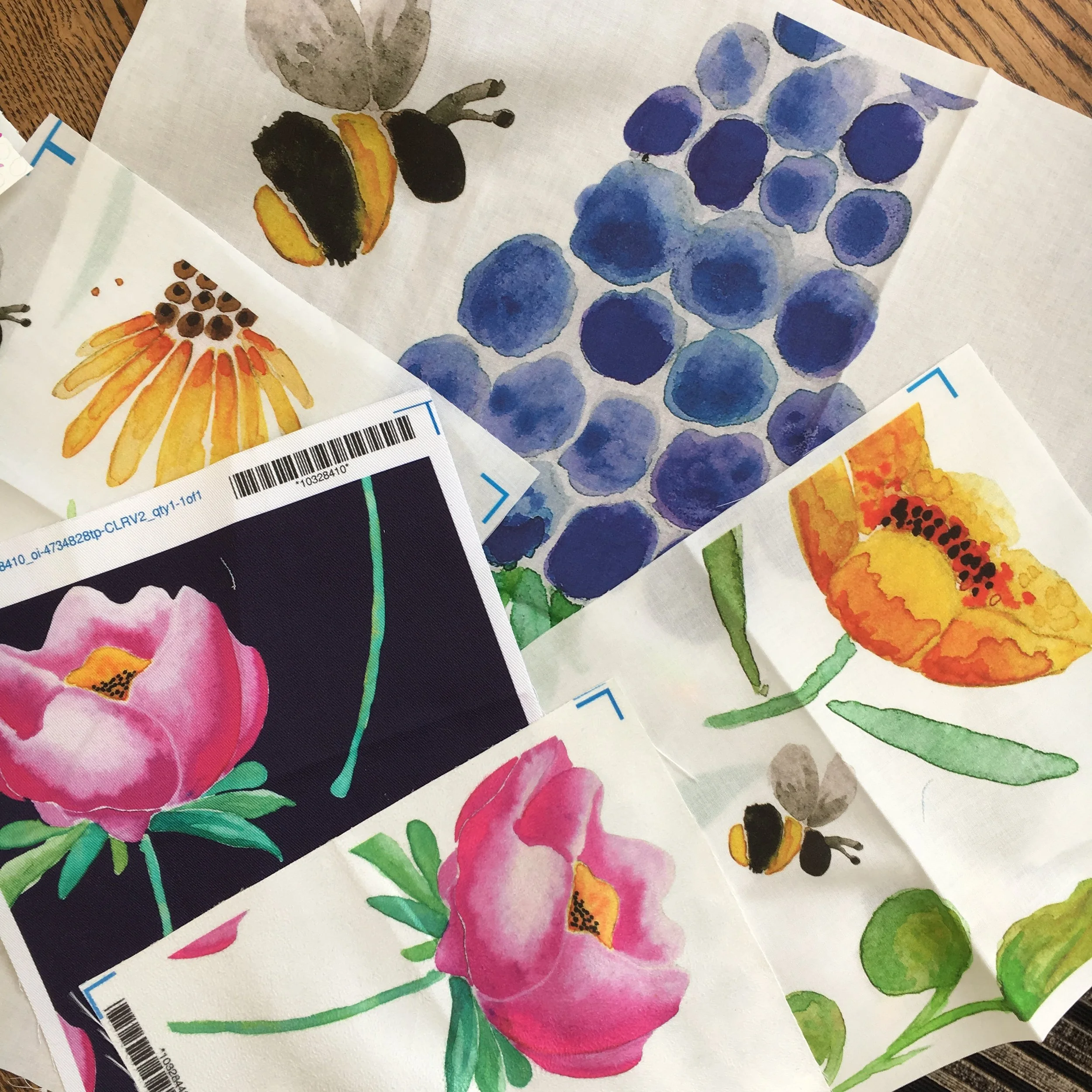 Collection of watercolor paintings of flowers, grapes, and bees.