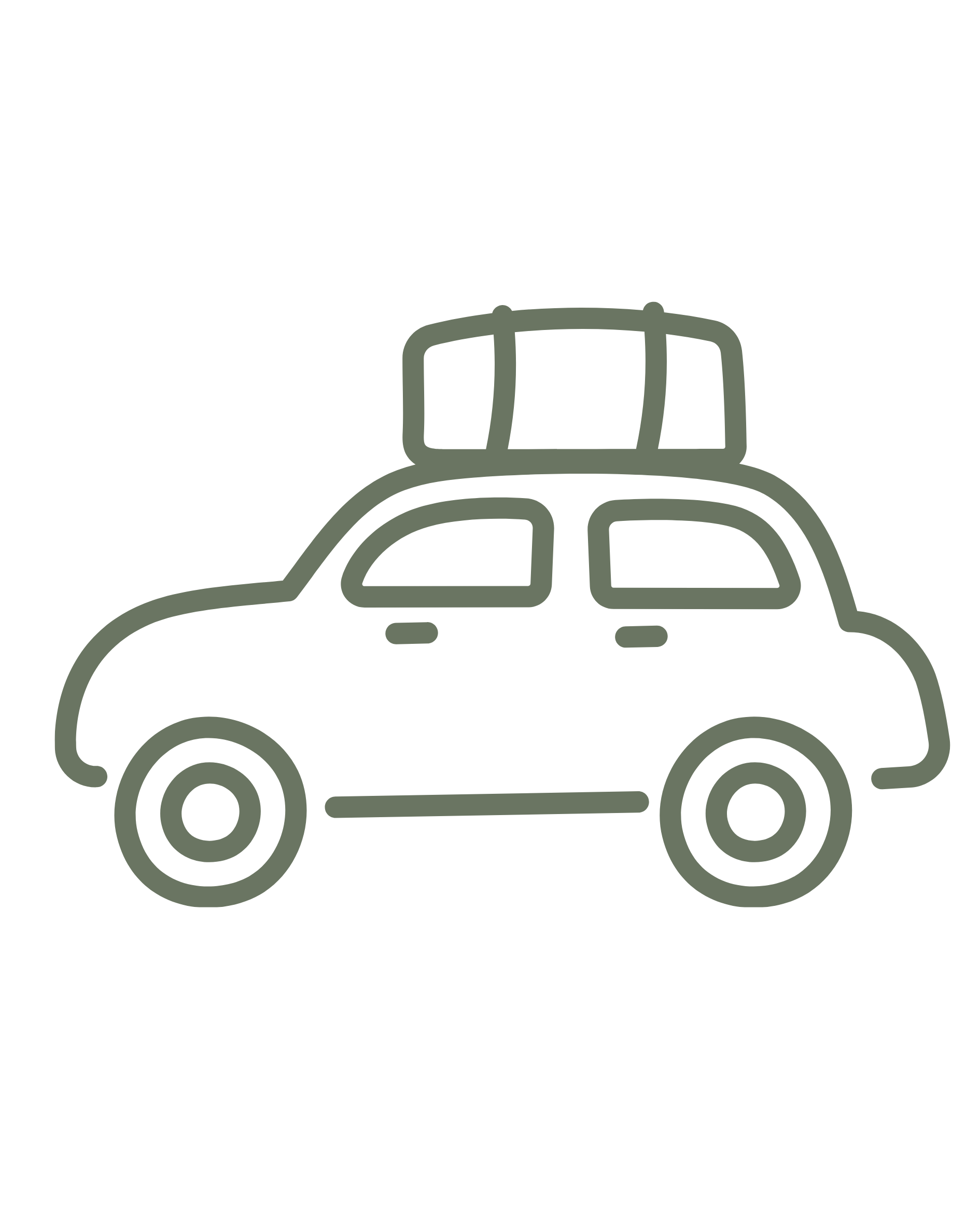 Line drawing of a car with a roof box on top, viewed from the front, on a black background.