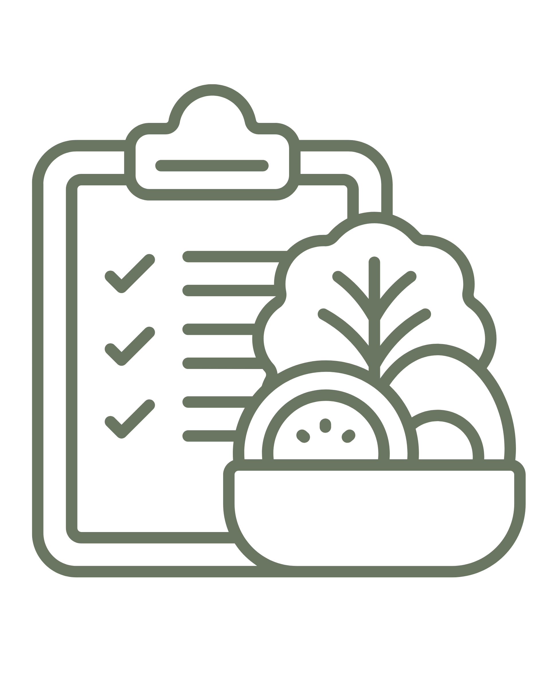 Outline drawing of a laptop with a checklist, a leaf, and a bowl of fruit.