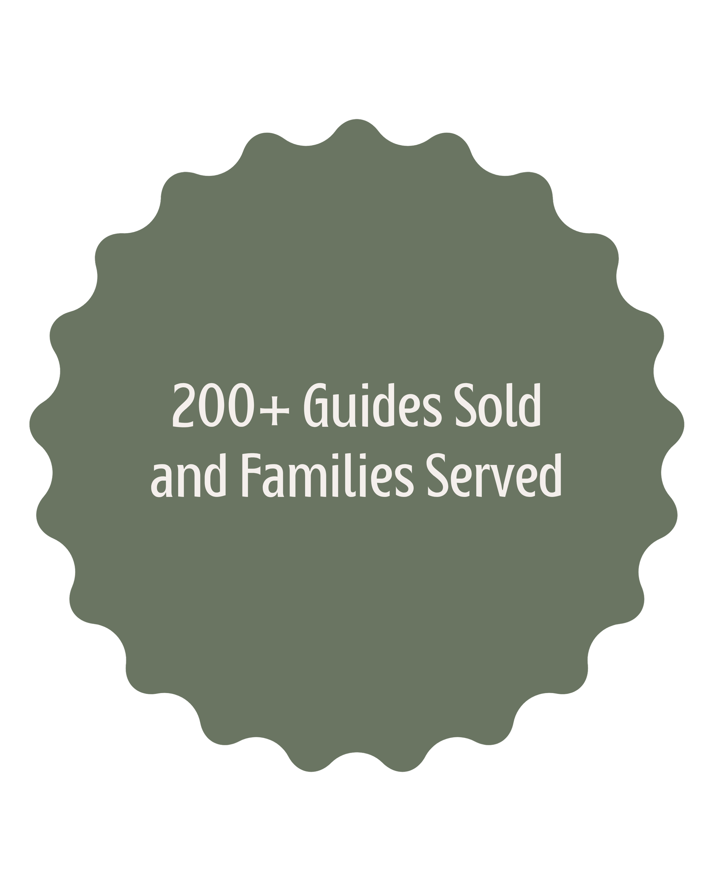 Badge stating '200+ Guides Sold and Families Served' with a scalloped border and dark background.