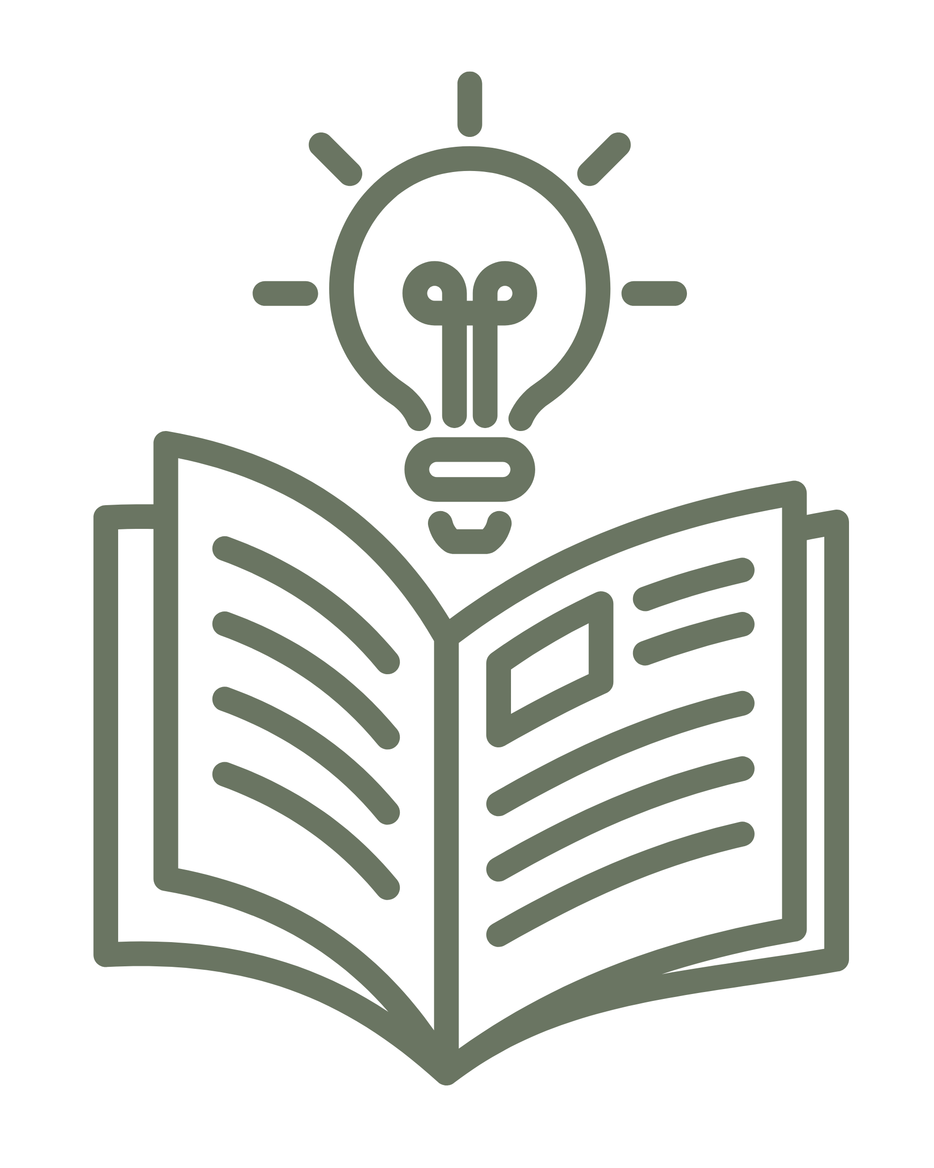An illustration of a lightbulb with a leaf inside, positioned above an open book, symbolizing ideas and knowledge.