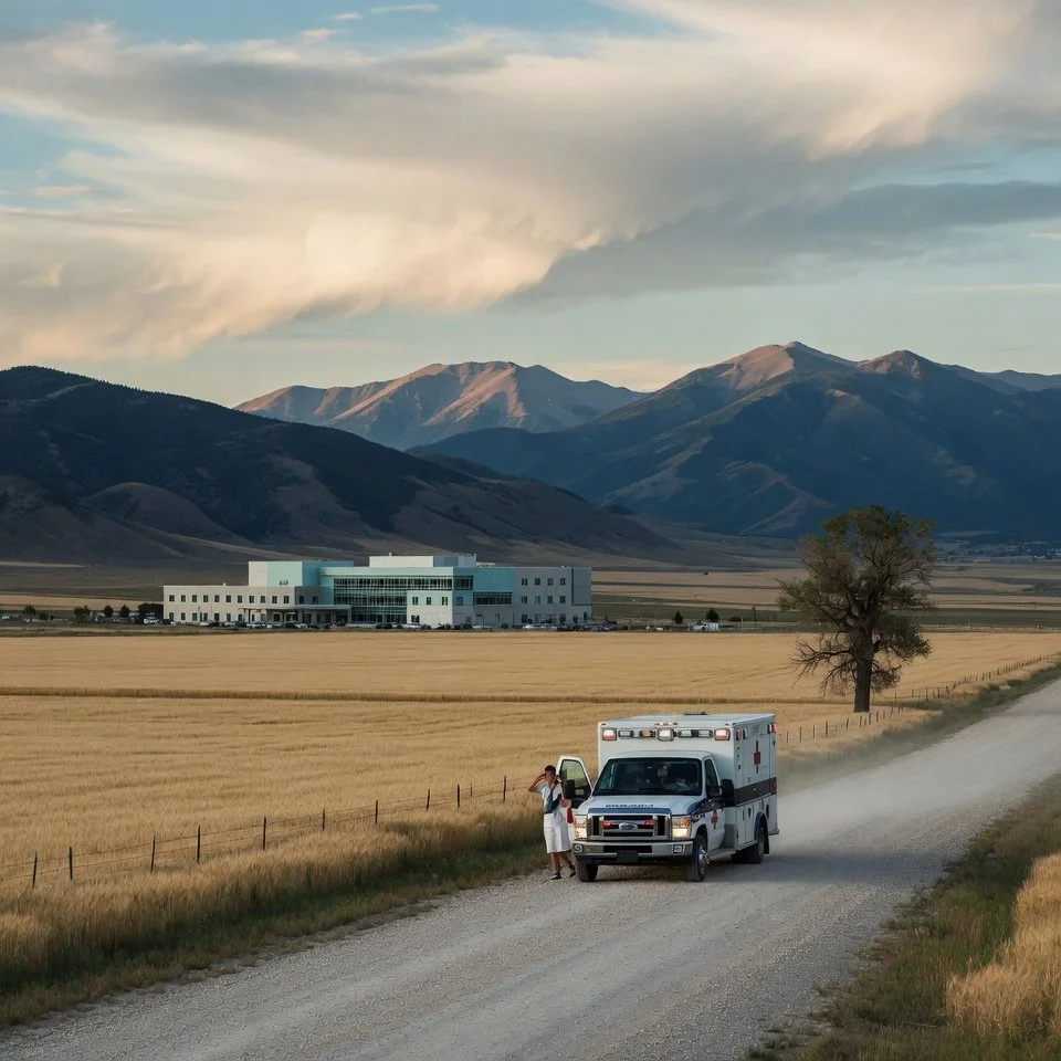 A rural landscape with a dirt road, an ambulance, a woman in a white dress talking to the driver, a large tree, golden fields, a modern building, and mountains in the background with a partly cloudy sky.