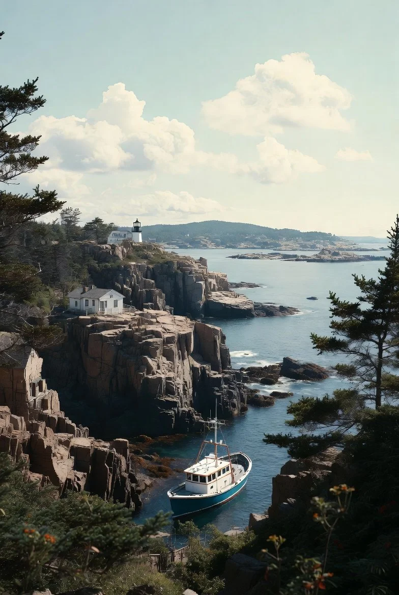 A boat in a small rocky inlet along a rugged coastline with a lighthouse on a hill, surrounded by trees and a partly cloudy sky.