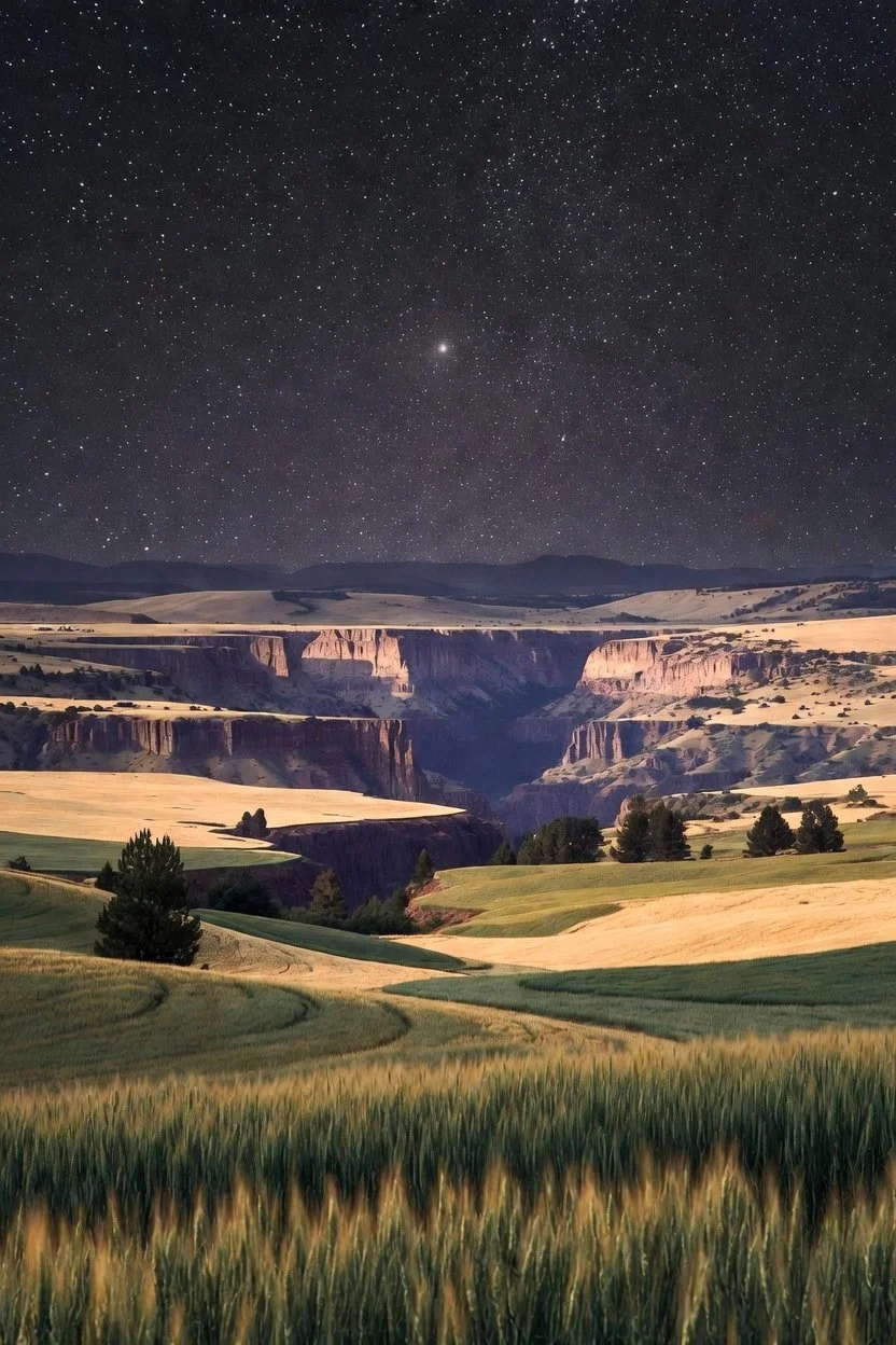 A view of rolling green fields and hills under a starry night sky with a bright star or planet above the horizon, and layers of cliffs and canyons in the background.