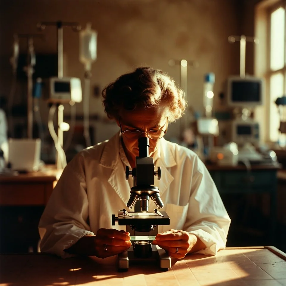 A scientist looking through a microscope in a laboratory with various medical equipment in the background.